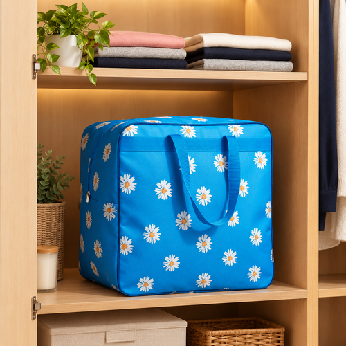 A blue fabric storage bag with a white daisy pattern sits on a wooden shelf inside an open closet, with folded clothes and plants visible in the background.