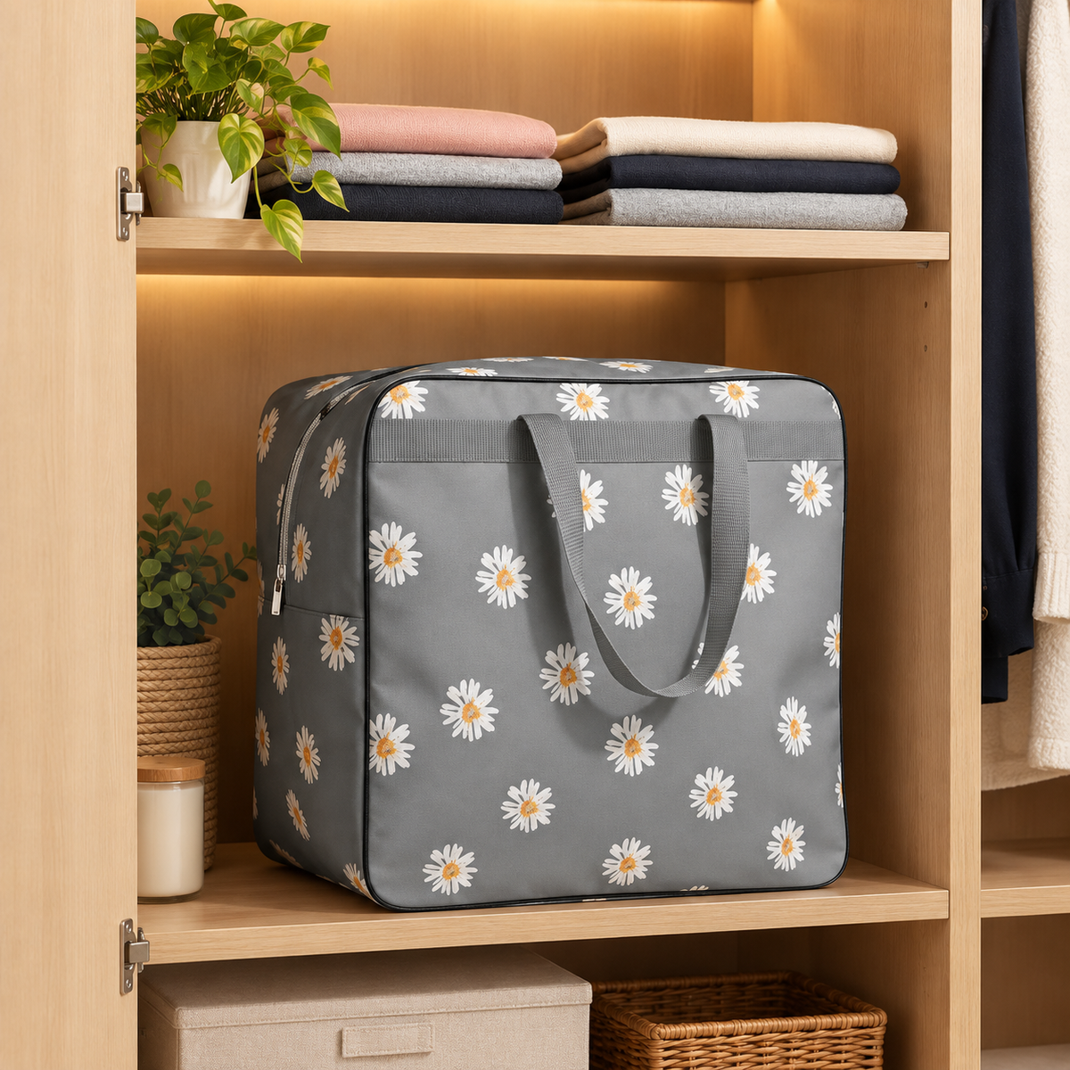 A gray daisy-patterned storage bag with two handles sits on a wooden shelf inside an open closet, surrounded by folded clothes, plants, and storage baskets.