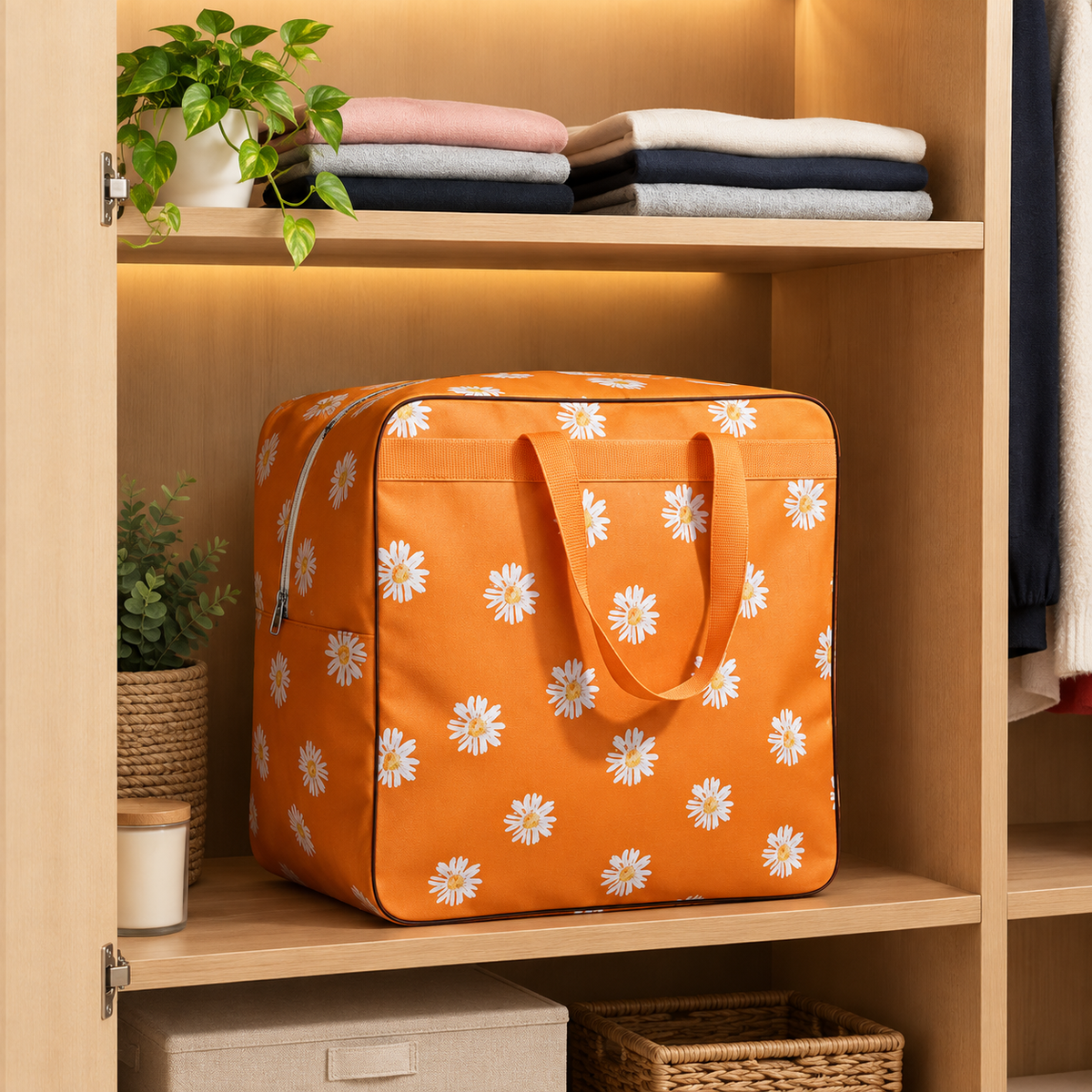 An orange fabric storage bag with a white daisy floral pattern sits on a wooden shelf inside a closet, next to folded clothes and small potted plants.