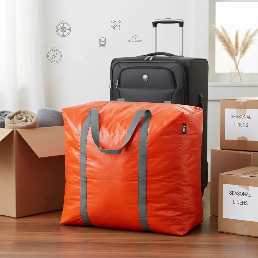 An orange big storage bag with gray handles for your home organization. Let's organize together.