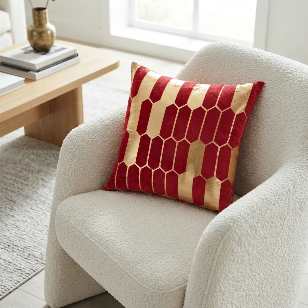 Homie Luxury Red & Golden Foil Print Velvet Cushion Cover
