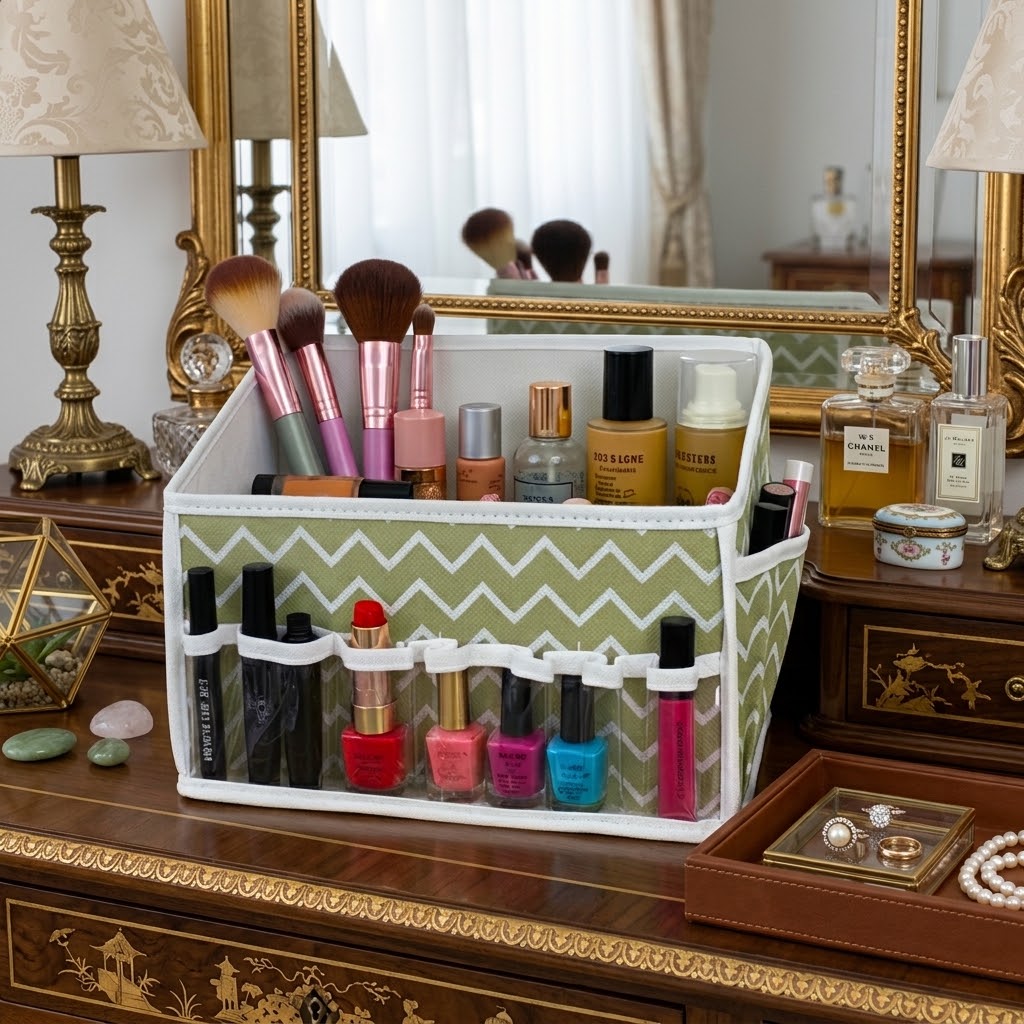 A green and white chevron makeup organizer bin filled with cosmetics, placed on a wooden vanity table in front of a mirror.