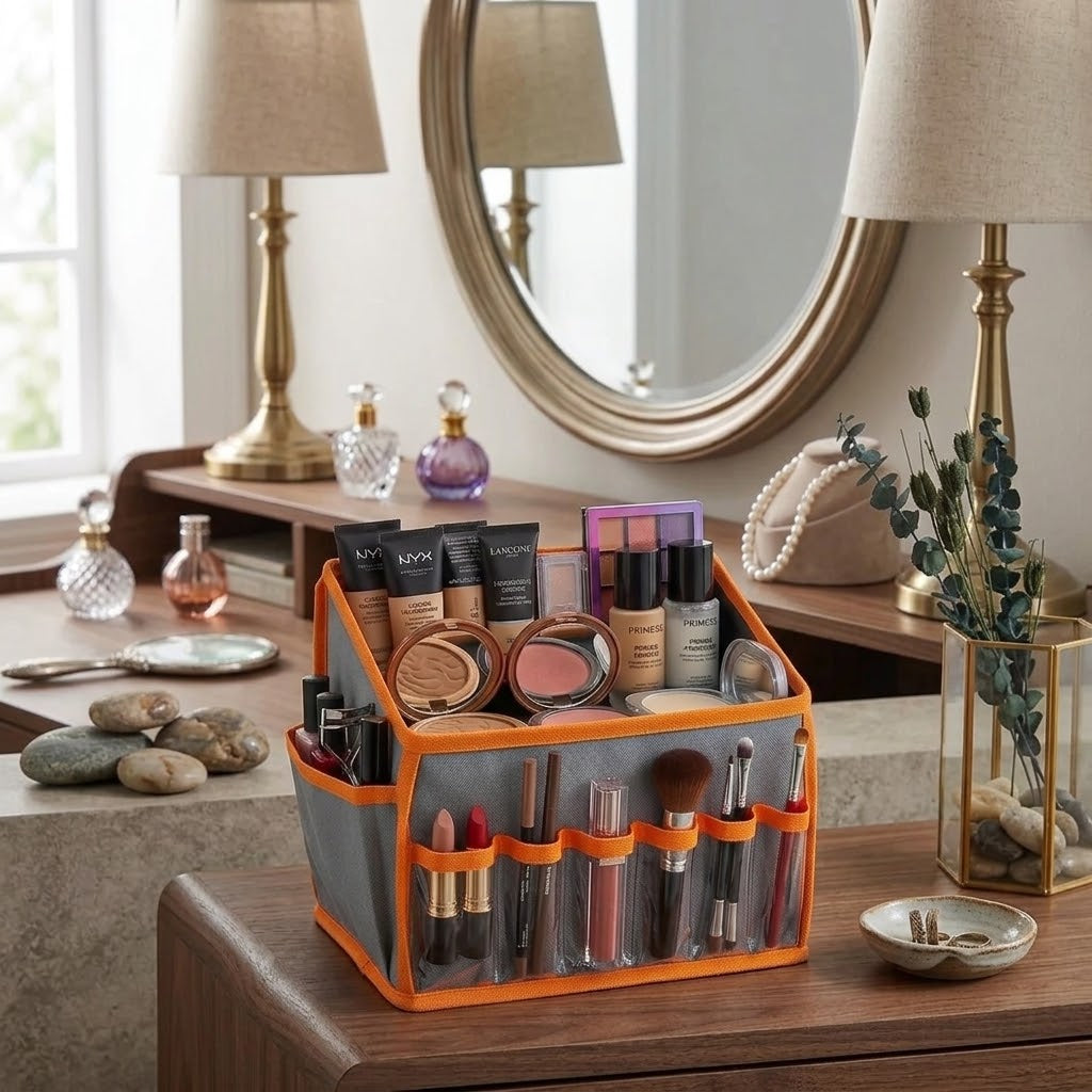 A gray makeup organizer with bright orange trim and multiple front pockets, filled with cosmetics, placed on a wooden vanity table in a styled room with lamps, a mirror, and decorative items.