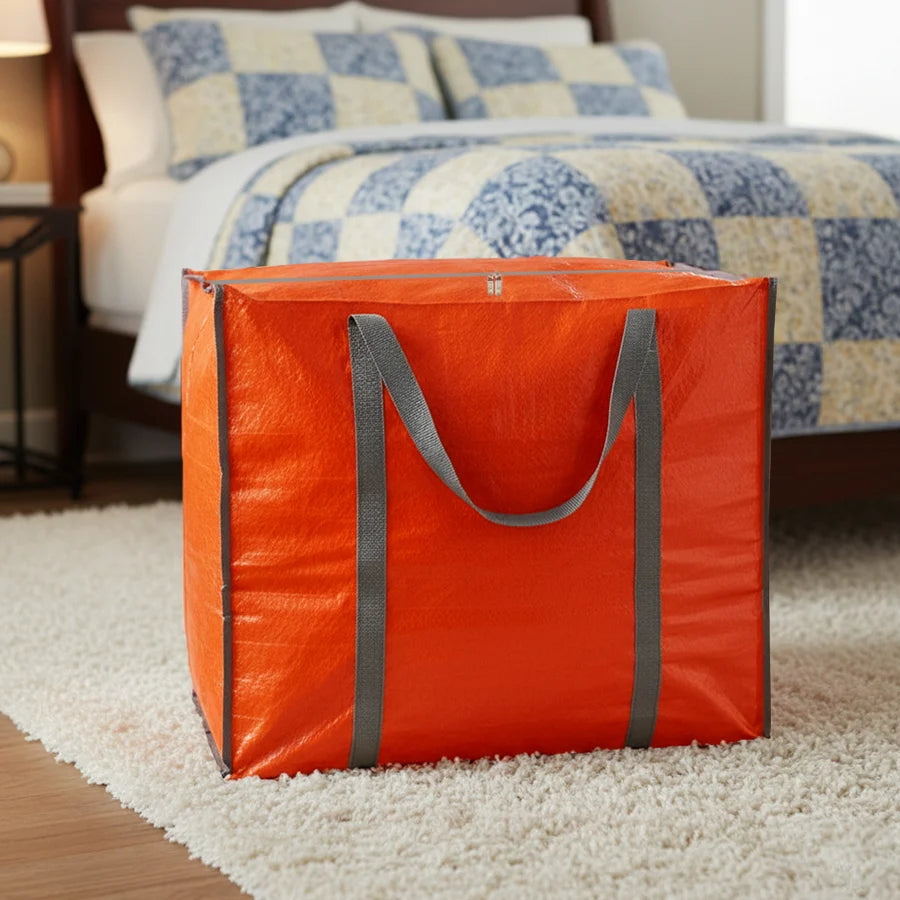 Orange storage bag with gray handles for your home organization. Let's organize together.