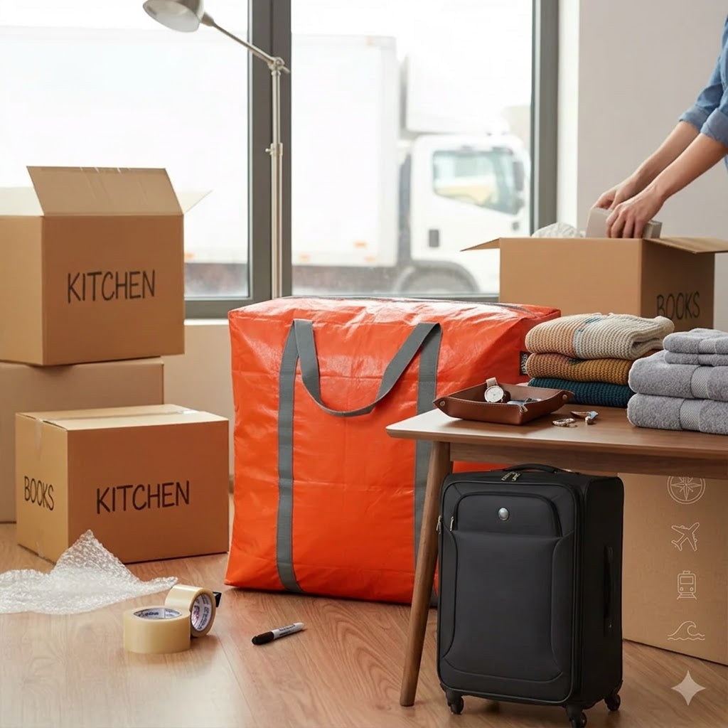 An orange moving storage bag with gray handles sits on a wooden floor in a room being packed, surrounded by cardboard boxes labeled KITCHEN and BOOKS, a black suitcase, and a person's arm packing a box in the background.
