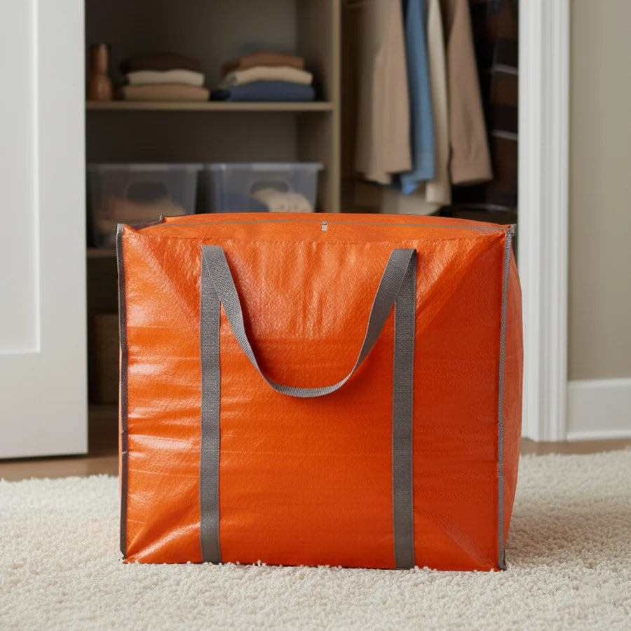 Orange storage bag with gray handles for your home organization. Let's organize together.