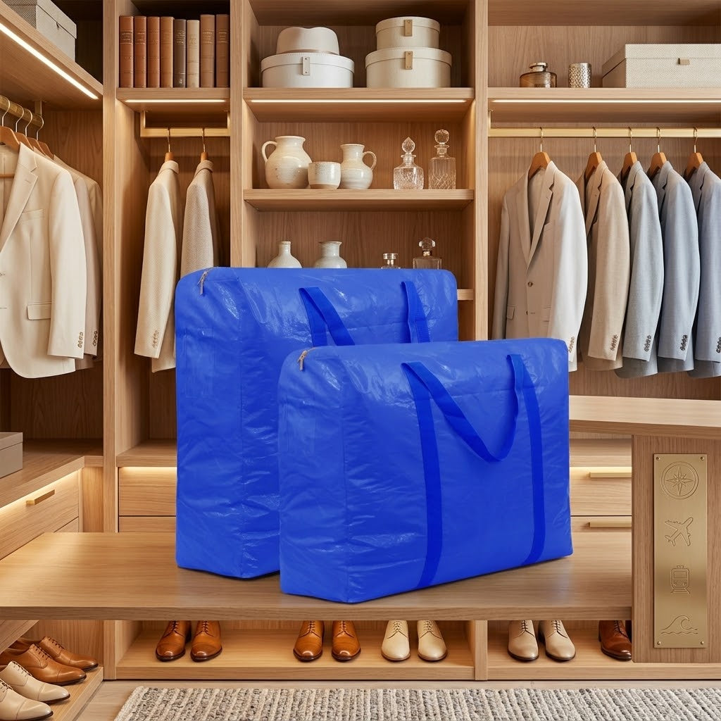 Two large blue zippered storage bags with integrated handles for your home organization. Let's organize together.