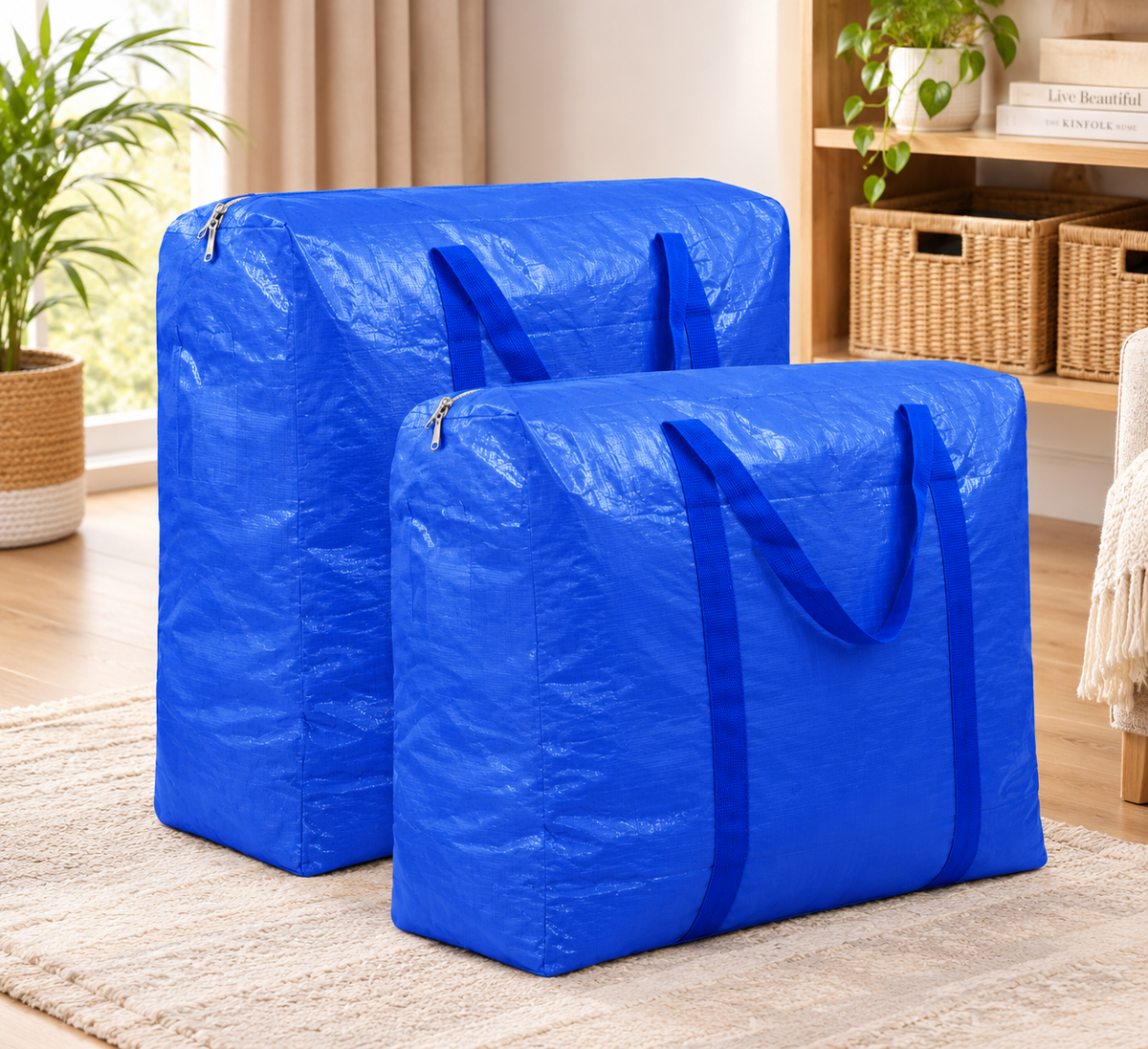 Two large blue zip-top storage bags with integrated handles for your home organization. Let's organize together.