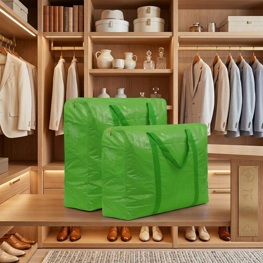 Two bright green expandable storage bags for your home organization. Let's organize together.