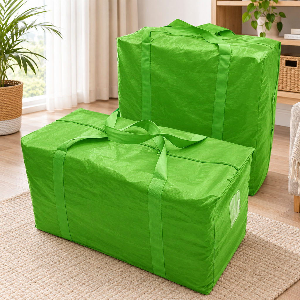 Two bright green fabric storage bags or duffel-style carry sacks placed on a woven rug in a softly lit room with a plant and window in the background.