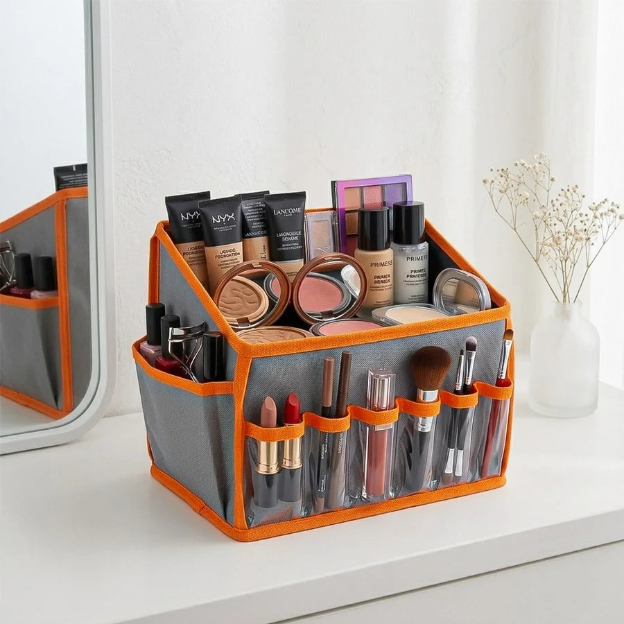 Makeup organizer with various cosmetic products on a white surface.