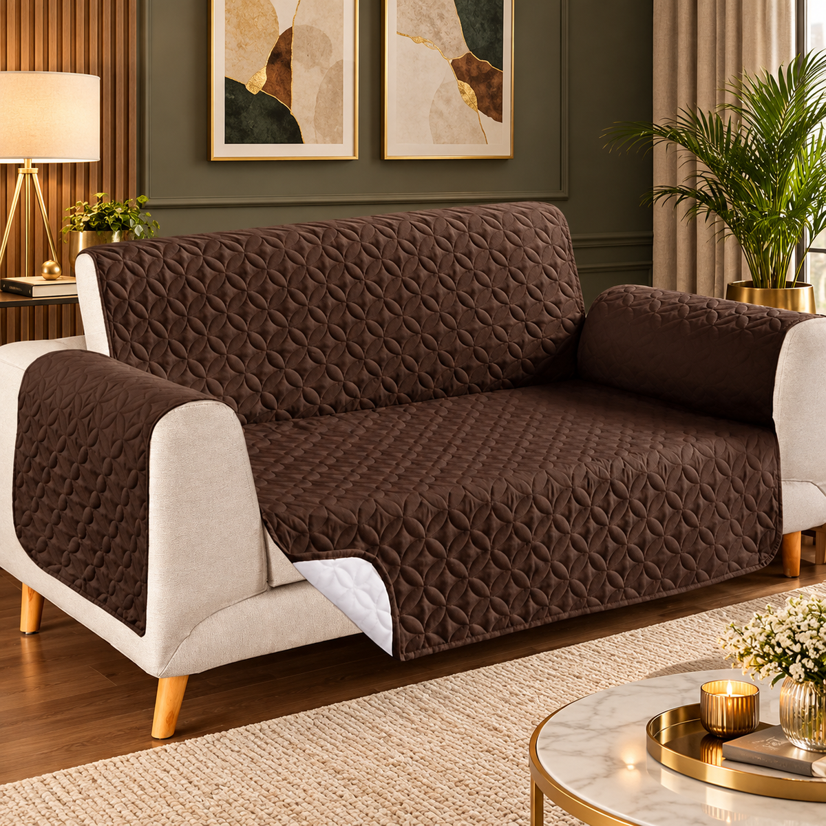 A dark brown quilted sofa slipcover with matching arm covers draped over a cream-colored sofa in a modern living room setting.