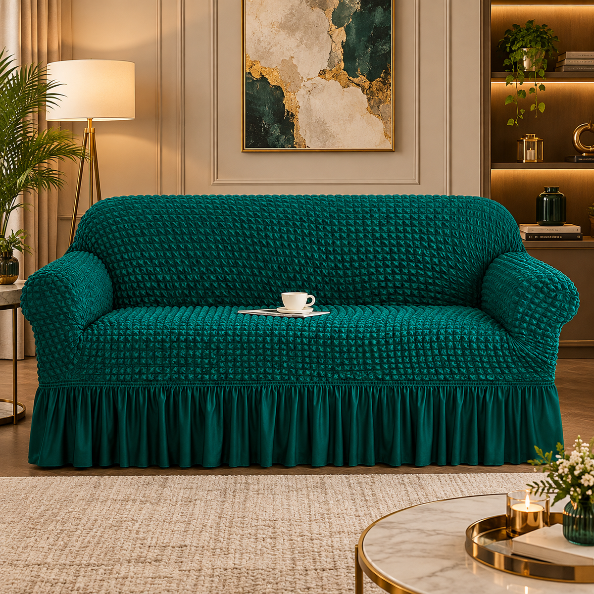 A plush, textured teal green sofa slipcover with a matching ruffled skirt, shown on a loveseat in a beautifully decorated living room.