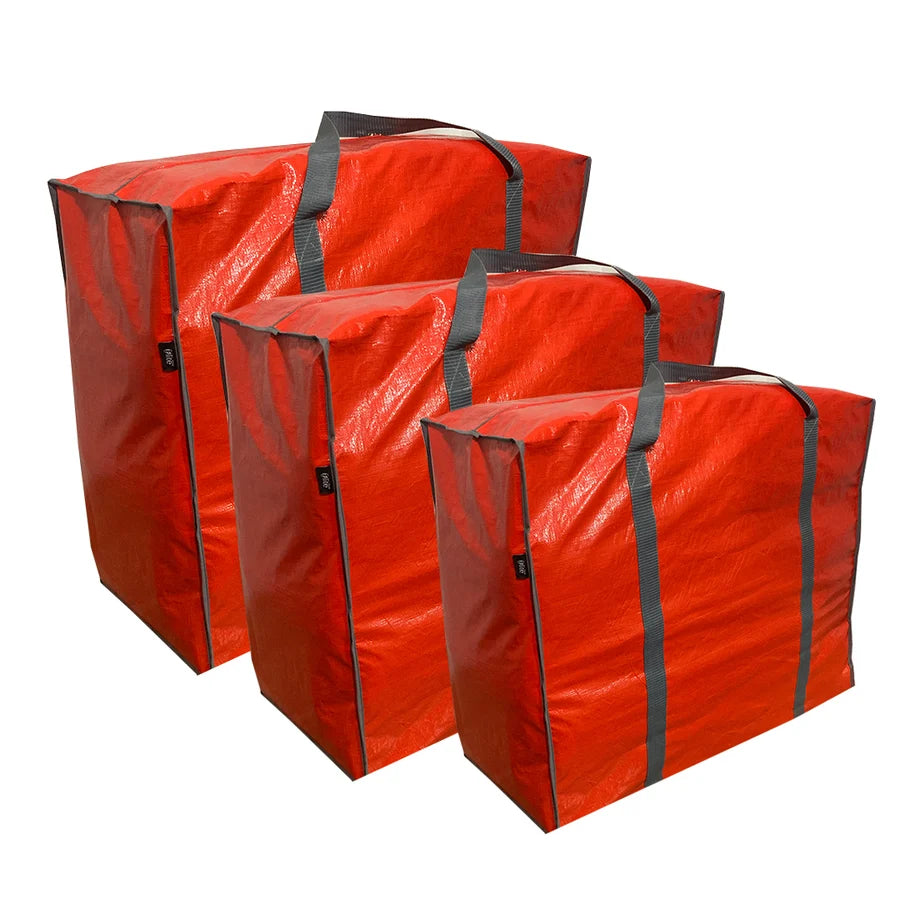 Three sizes of orange storage bags with handles to organize your home better.